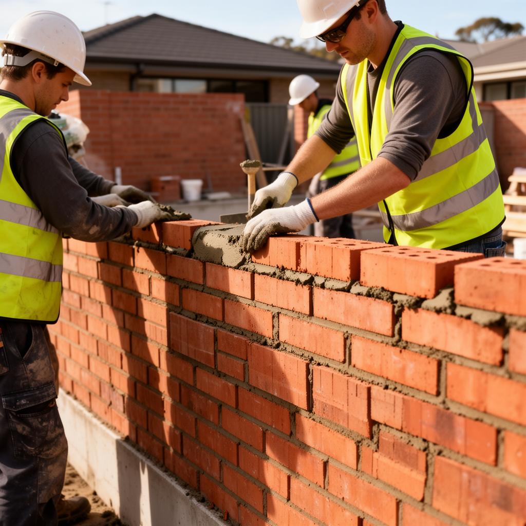 Bricklayers building a brick wall on a Sydney construction site